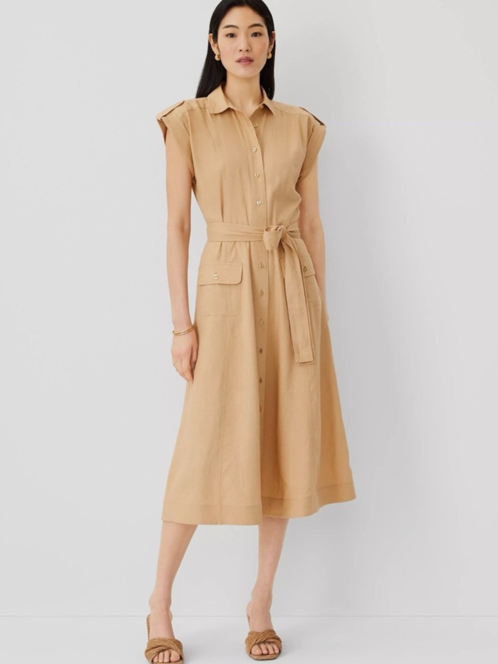 NWT Ann Taylor Linen Blend Collared Midi Dress $169 Tan Size 8 Petite